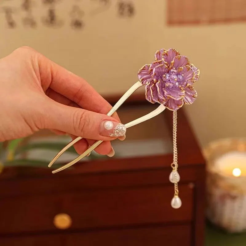 Retro pastoral style U-shaped hairpin with purple peony flower tassel decoration on alloy barrette