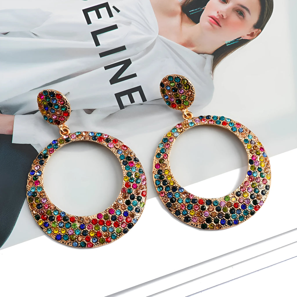Colourful large pendant alloy earrings with metal diamond round design in European fashion style