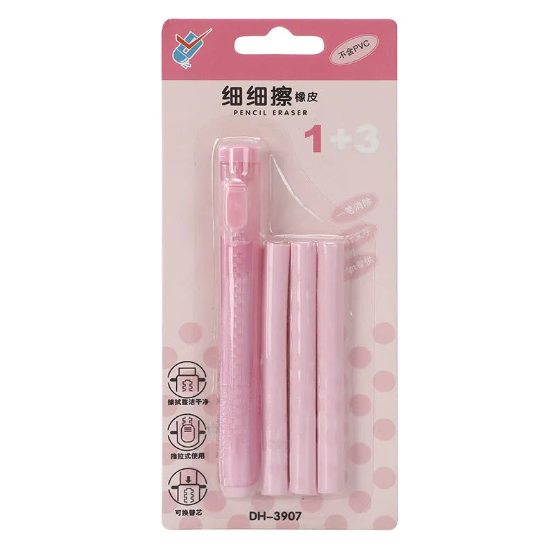 Push type automatic eraser in blue, green, pink, and purple colours for children's stationery