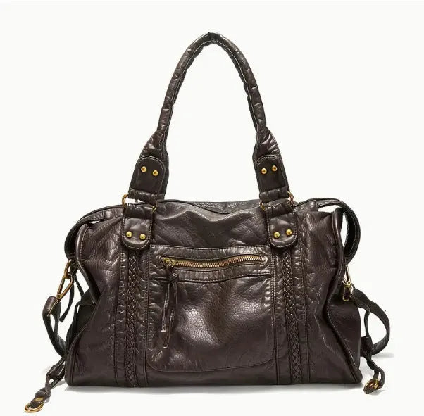 Women's retro motorcycle messenger shoulder bag with woven detail showing organised interior compartments