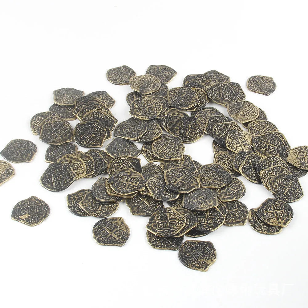 Set of 100 Doli Roman pirate coins with electroplated bronze, gold, and silver finishes for decoration.
