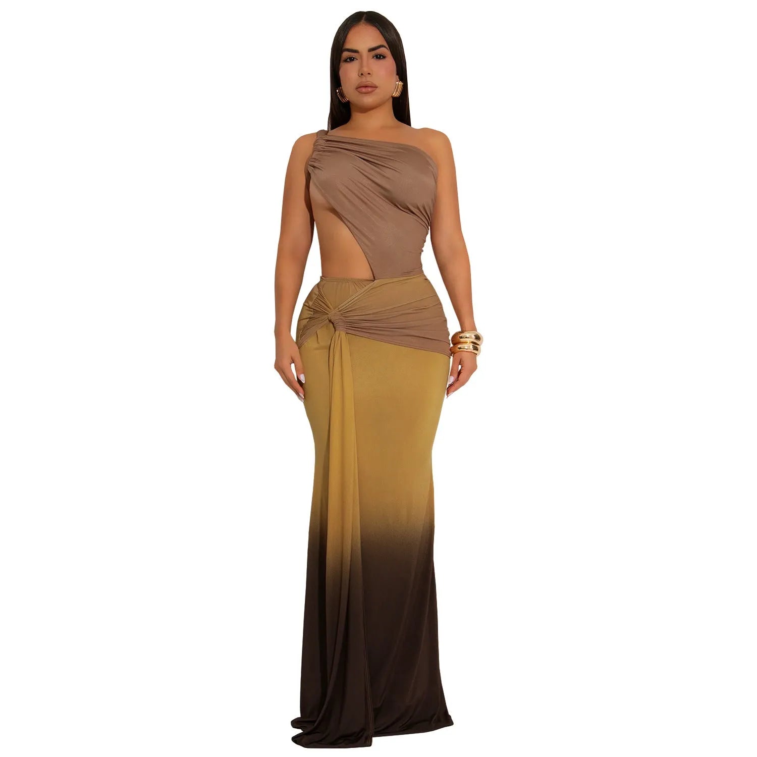 Women's gradient colour cross-shoulder sleeveless summer dress with high waist and long skirt.