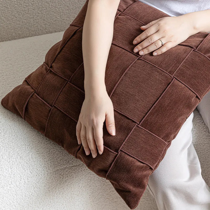 Square chenille woven sofa cushion in beige colour with textured surface and feather velvet core