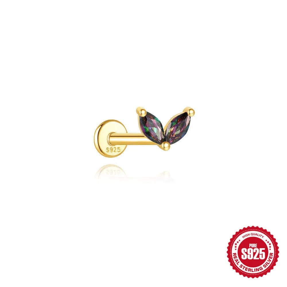 S925 sterling silver geometric flat head earring with a shiny rainbow stone on an alloy backing.