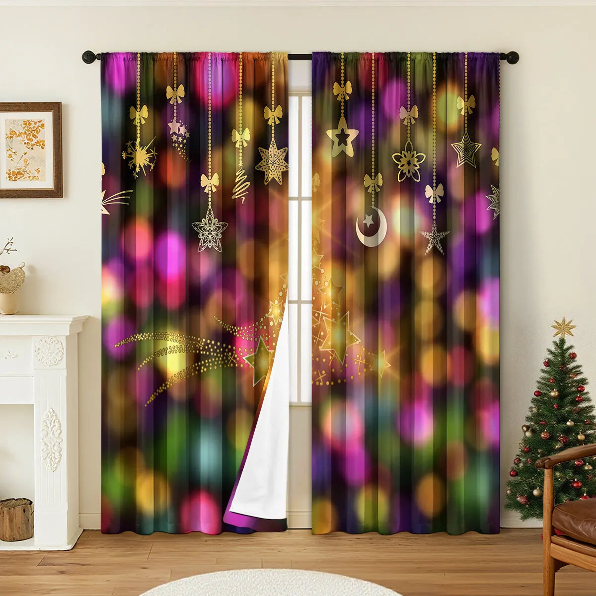 3D digitally printed Christmas curtains with European style patterns in polyester fabric