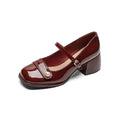 Plus size women's patent leather chunky heel pumps with square toe and buckle fastening in apricot colour.