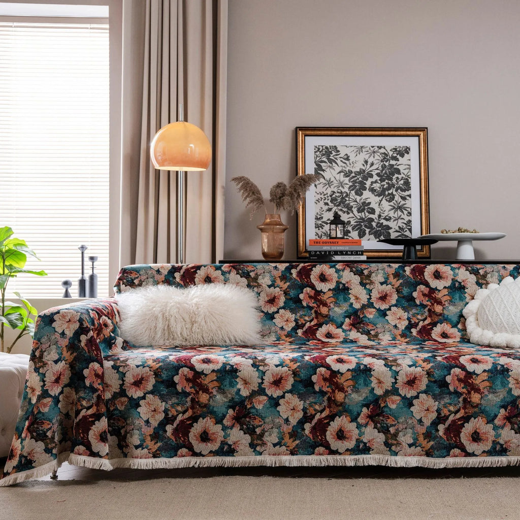 Thick jacquard floral sofa cover in American country style, showing detailed cherry flower pattern on white background.