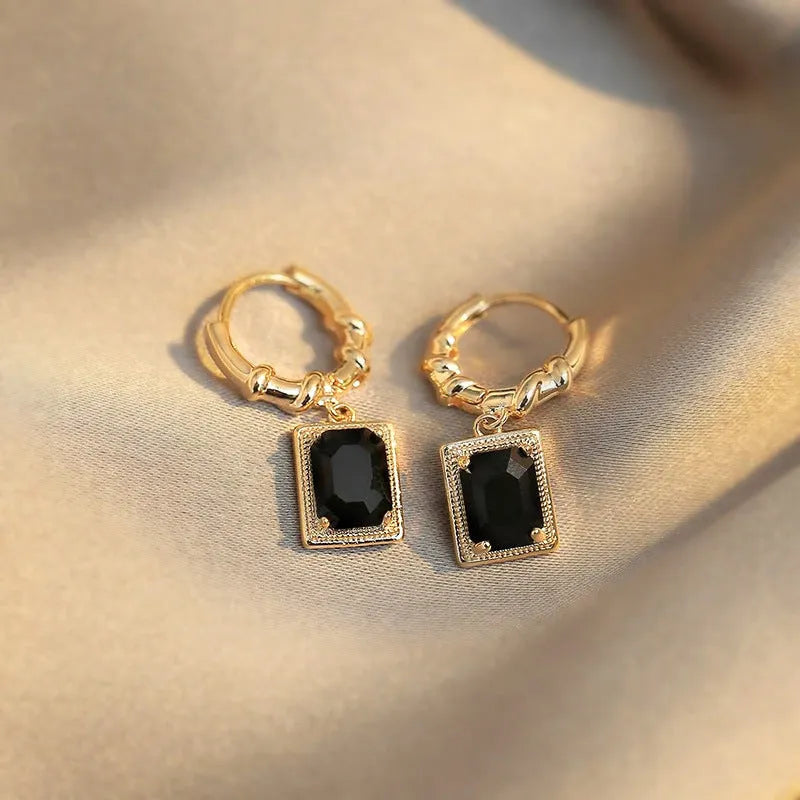 French court retro black zircon earrings with geometric quadrilateral shape on copper base