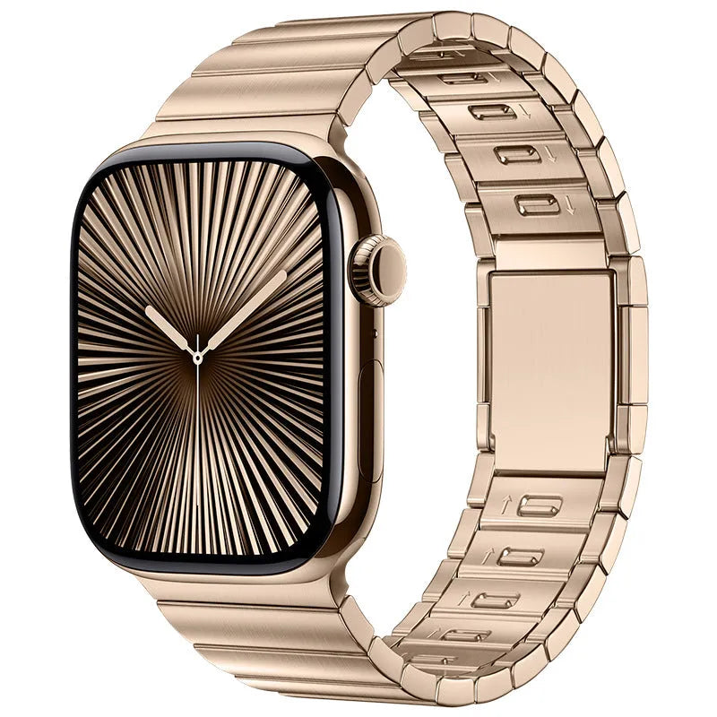 Silver stainless steel magnetic buckle strap for an Apple Watch on a wrist