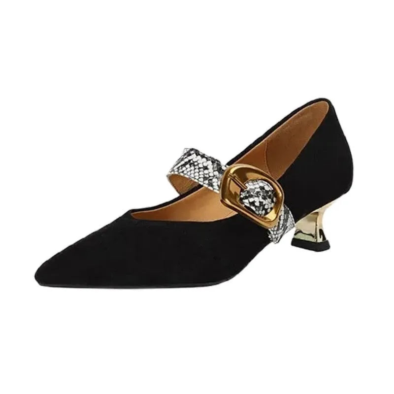 Black and brown women's pointed toe stiletto heels with a buckle fastener and mid-height heel.