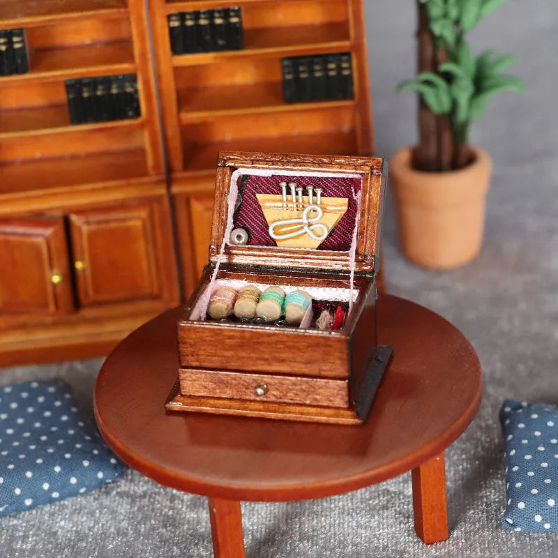 Miniature European-style wooden sewing box ornament with birch construction measuring 2.2cm by 3.4cm