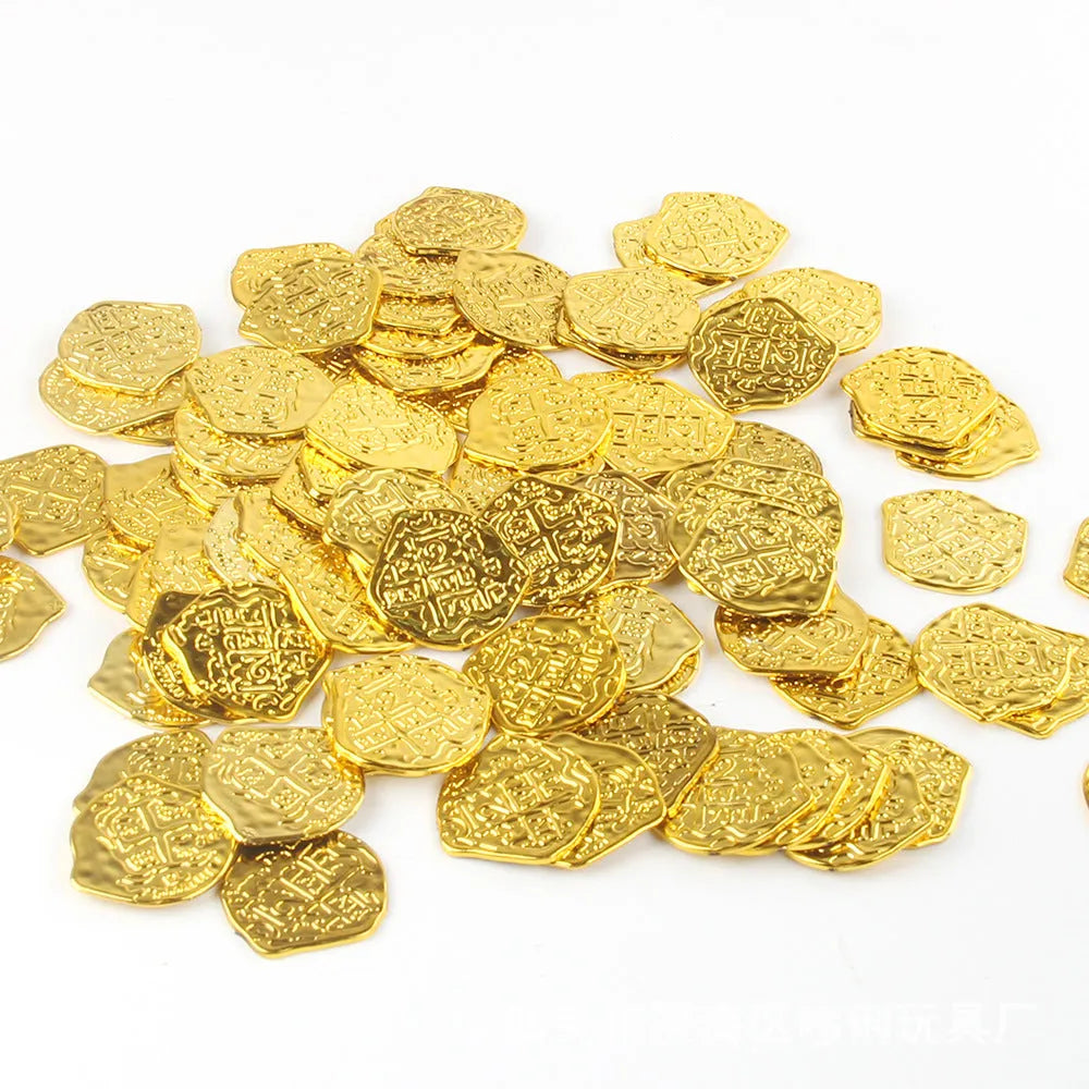 Set of 100 Doli Roman pirate coins with electroplated bronze, gold, and silver finishes for decoration.