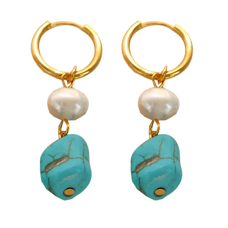 Turquoise and cultured pearl ear clip earrings in irregular geometric shape, shown in both short and long dangle styles