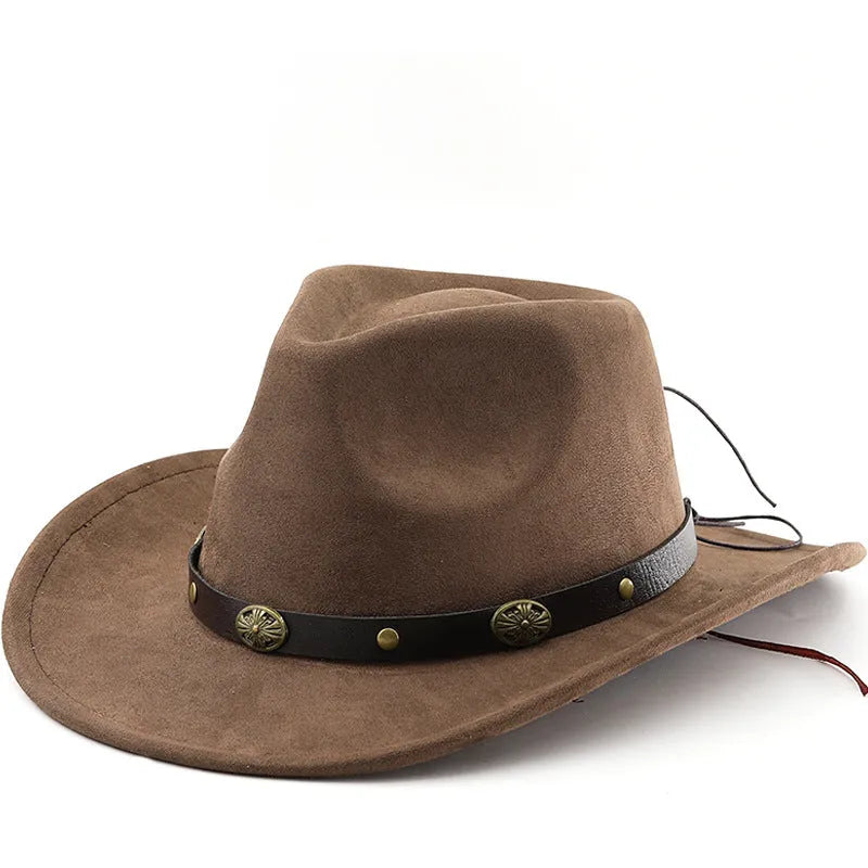 Brown leather velvet cowboy hat with curved brim and conical crown.