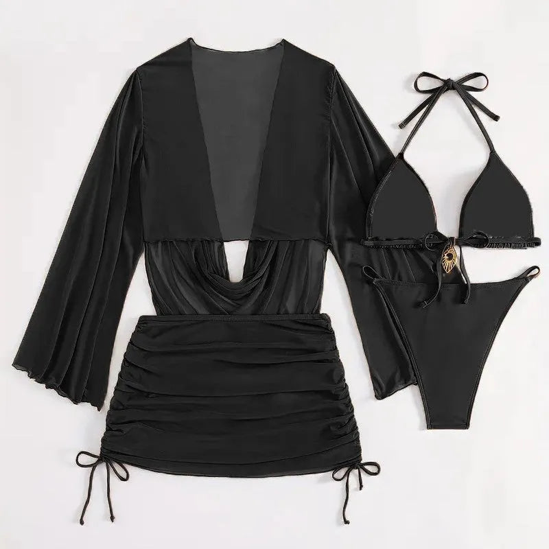 Women's dark brown lace-up bikini swimsuit with backless design