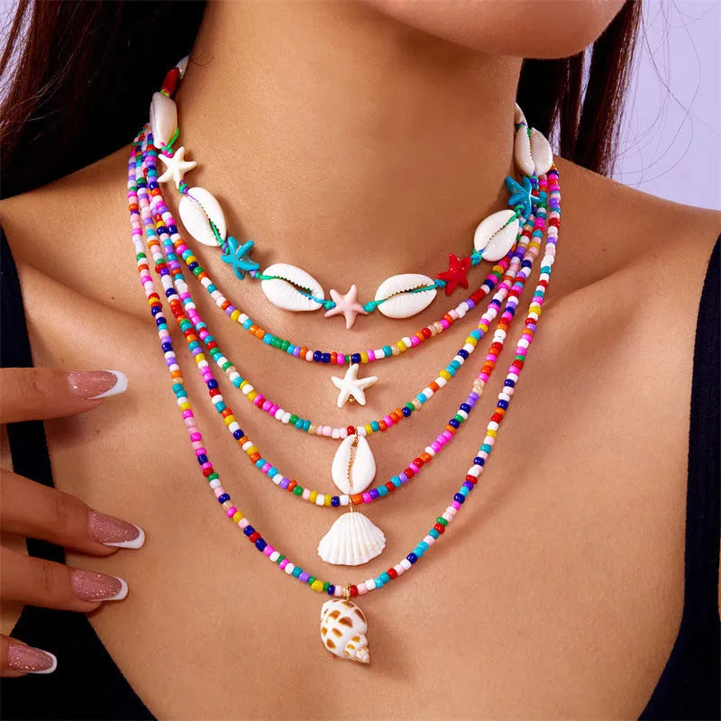 Multi-layer women's necklace set with starfish, shell and conch beads on adjustable 21-50cm perimeter