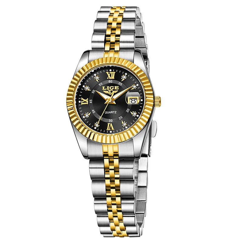 Waterproof women's fashion quartz watch with 10mm thickness in gold and silver colour variations