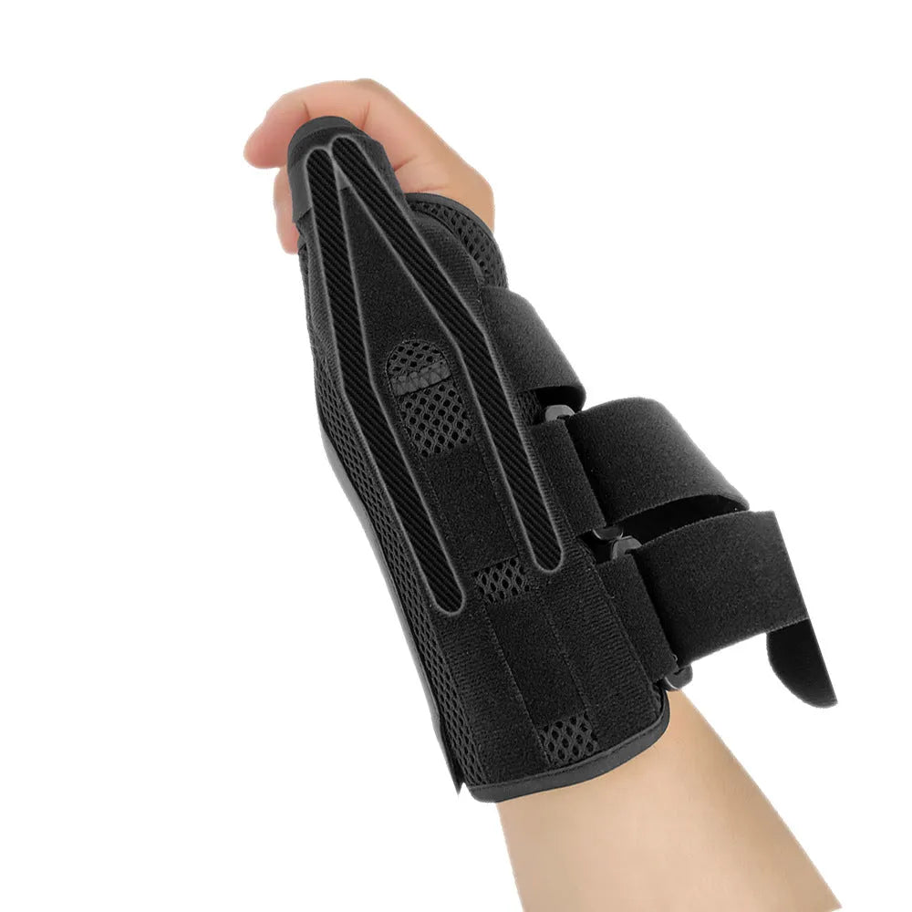 Carbon fibre style black sports wrist guard with grey edging and a thumb strap.