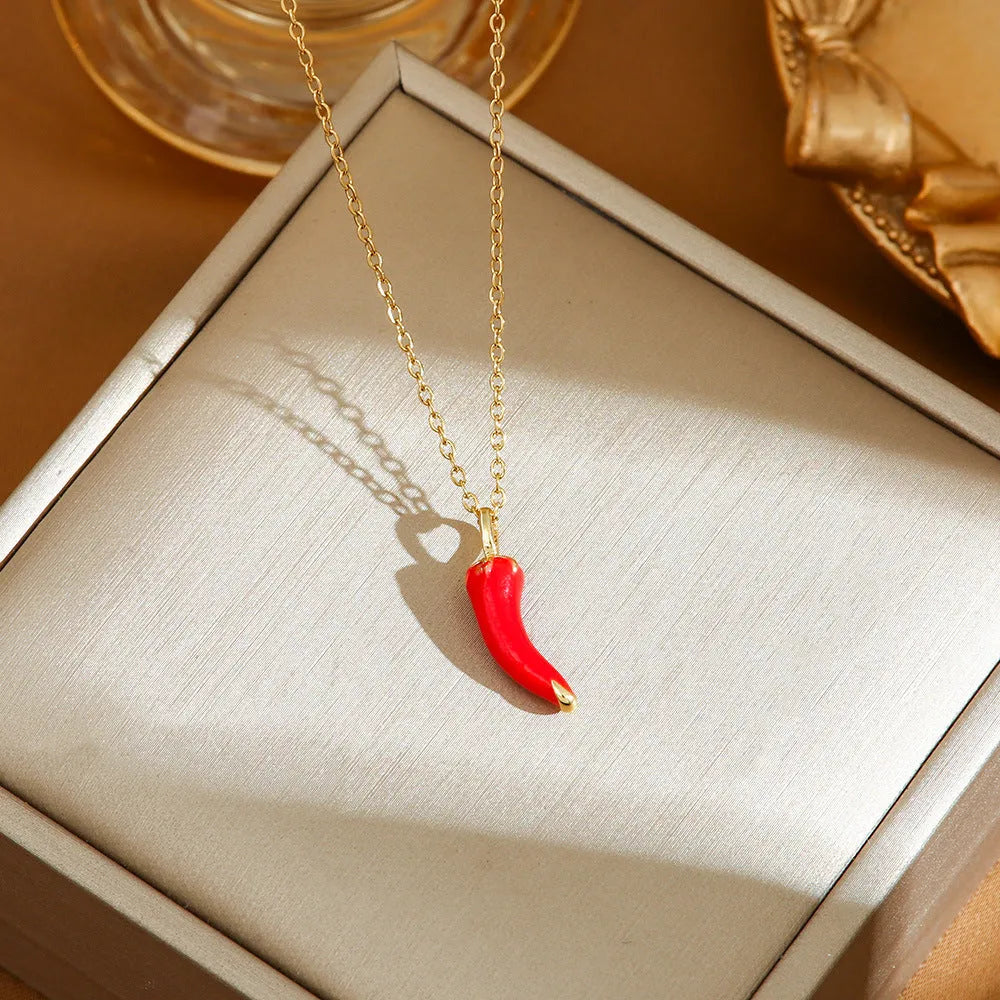Women's titanium steel necklace with delicate strawberry, cherry and pepper charms on O-ring chain