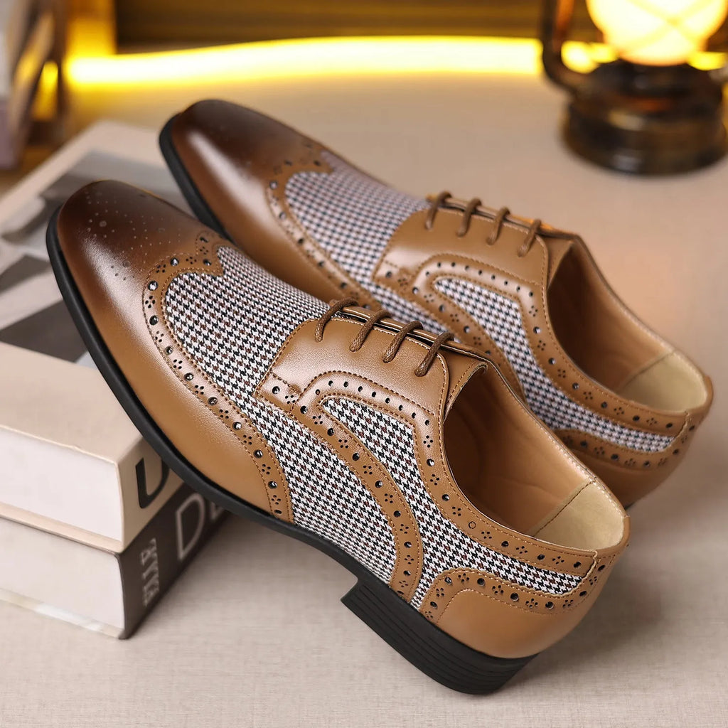 Men's imitation houndstooth plaid casual shoes with canvas upper and lace-up front, shown in available colours.