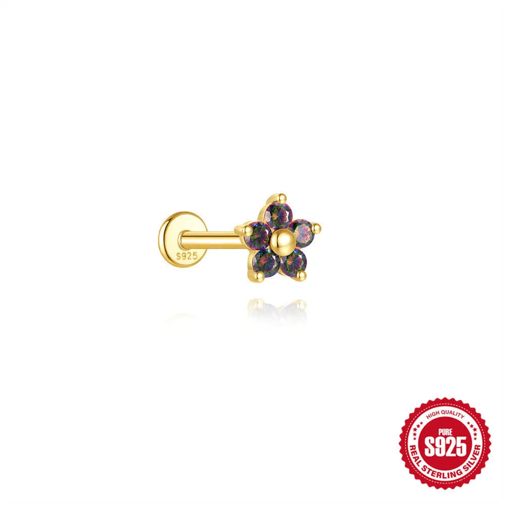 S925 sterling silver geometric flat head earring with a shiny rainbow stone on an alloy backing.