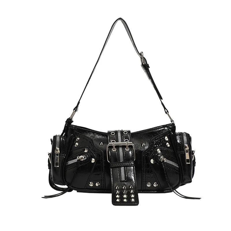 Black retro dumpling-shaped women's shoulder handbag with exterior pockets and organised interior.