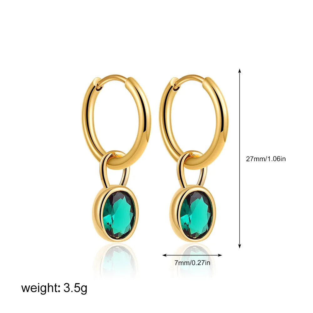 Women's oval zircon earrings in retro copper setting, showing colour options: white, emerald, green, black, red, blue.