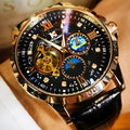 Men's black and rose gold automatic watch with hollow dial and leather strap.