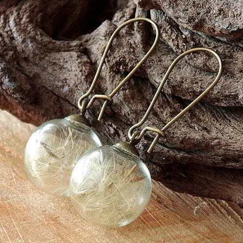 Transparent glass ball earrings with dandelion seed design and French hooks in silver or bronze finishes
