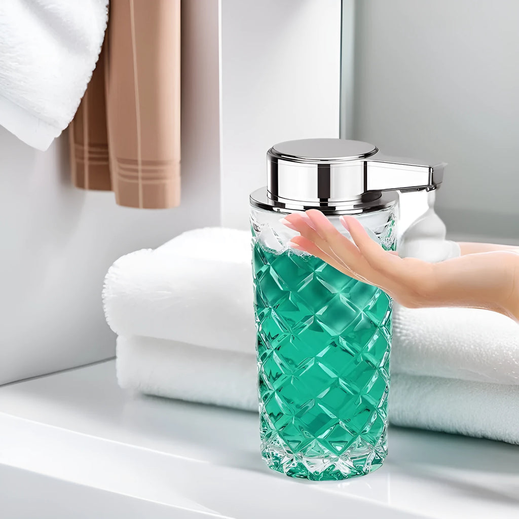 Automatic sensing soap dispenser with silver-plated finish and USB Type-C charging port