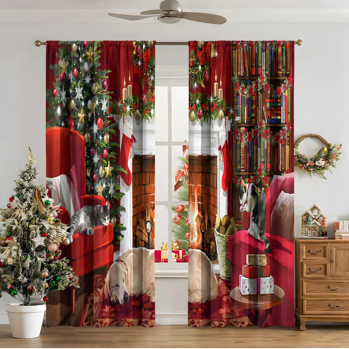 3D digitally printed modern Christmas curtain in a polyester fabric, showing one of fifteen available design styles.