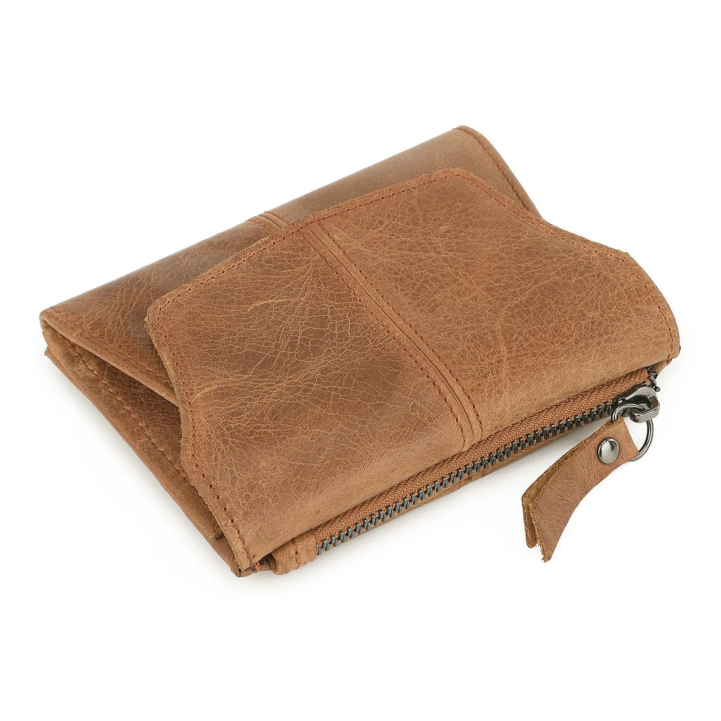 Genuine cowhide leather coin purse with stitching details in European Retro style