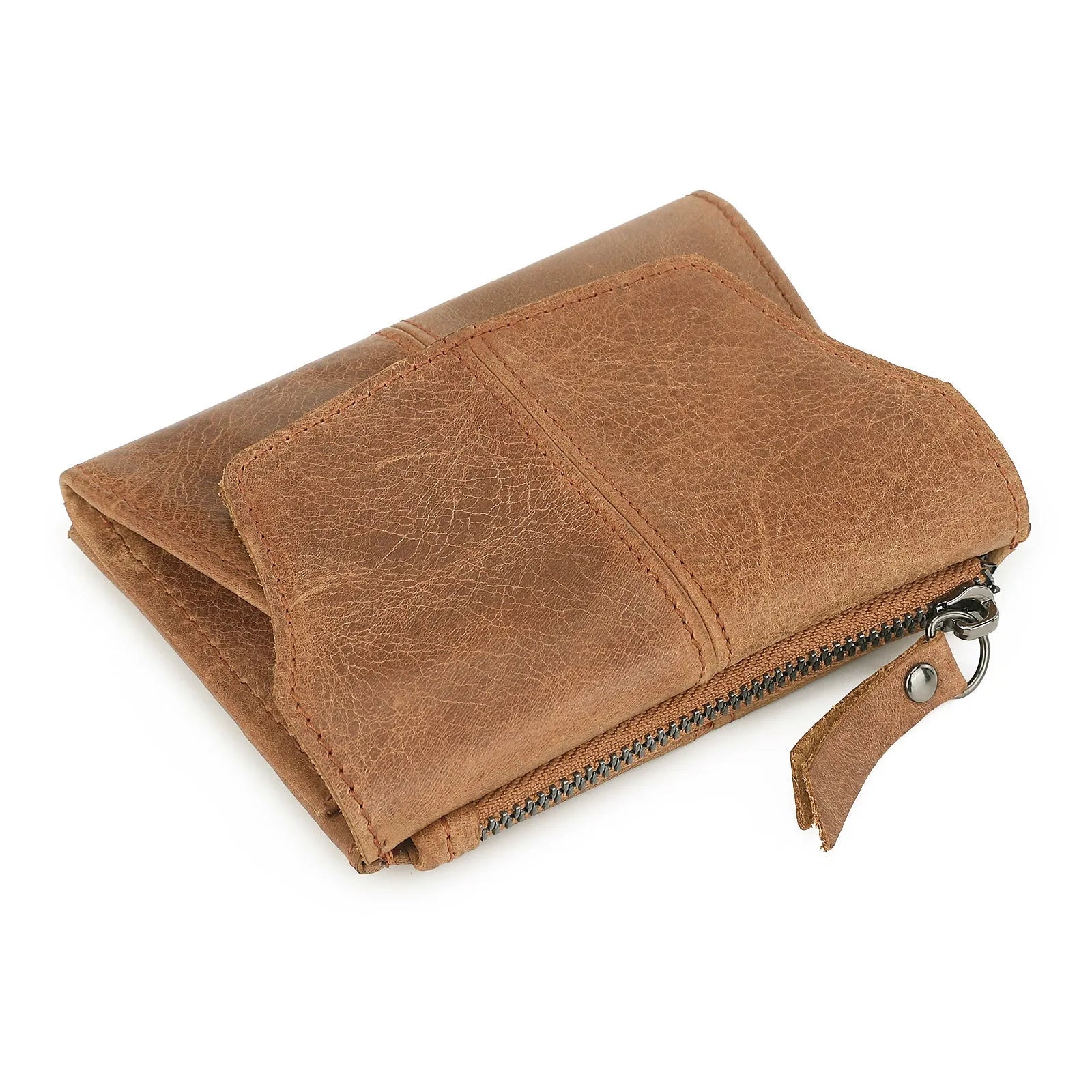Genuine cowhide leather coin purse with stitching details in European Retro style