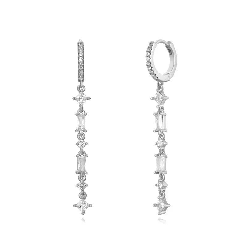 Geometric tassel ear clips with micro-inlaid colourful zircon stones on silver needle copper