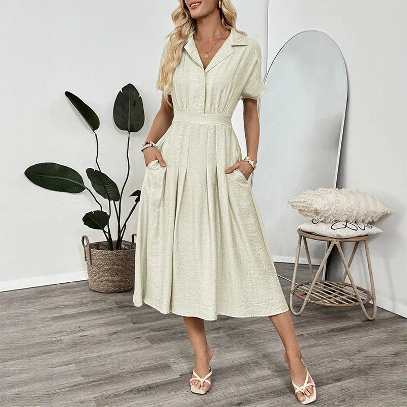 Light green women's lapel collar shirt dress with waist-tight skirt and pockets