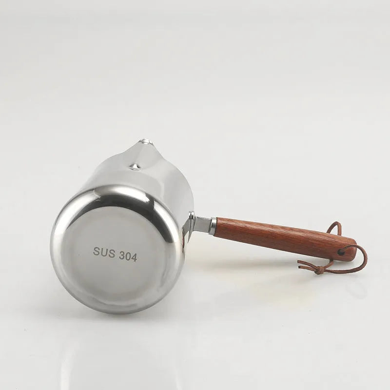 Stainless steel garland coffee cup with wooden handle showing ml scale, in three size options.
