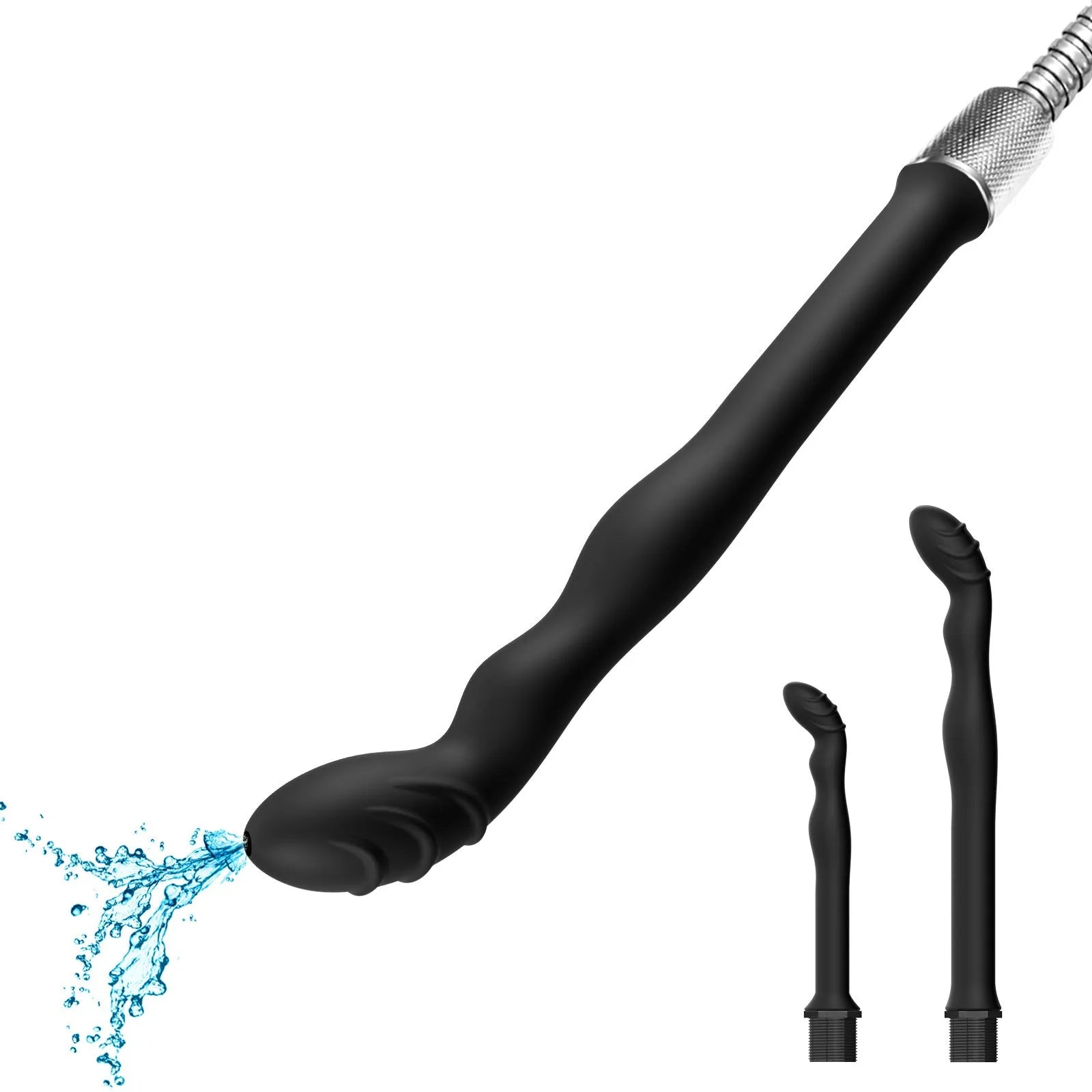 Black silicone hosepipe flusher with enema attachment for cleaning and irrigation