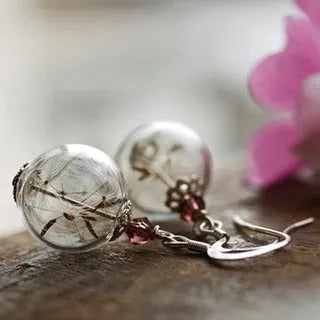 Transparent glass ball earrings with dandelion seed design and French hooks in silver or bronze finishes