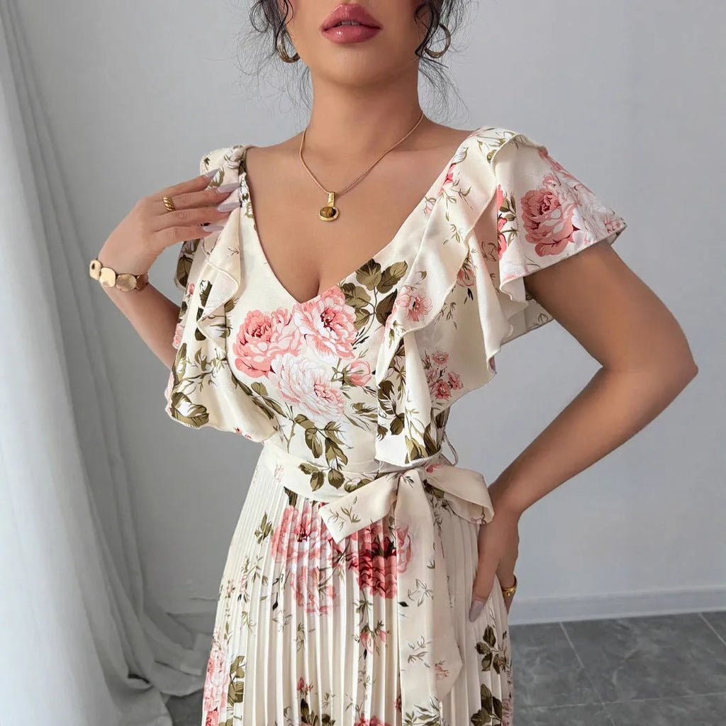 Apricot floral print dress with V-neckline and ruffled sleeves