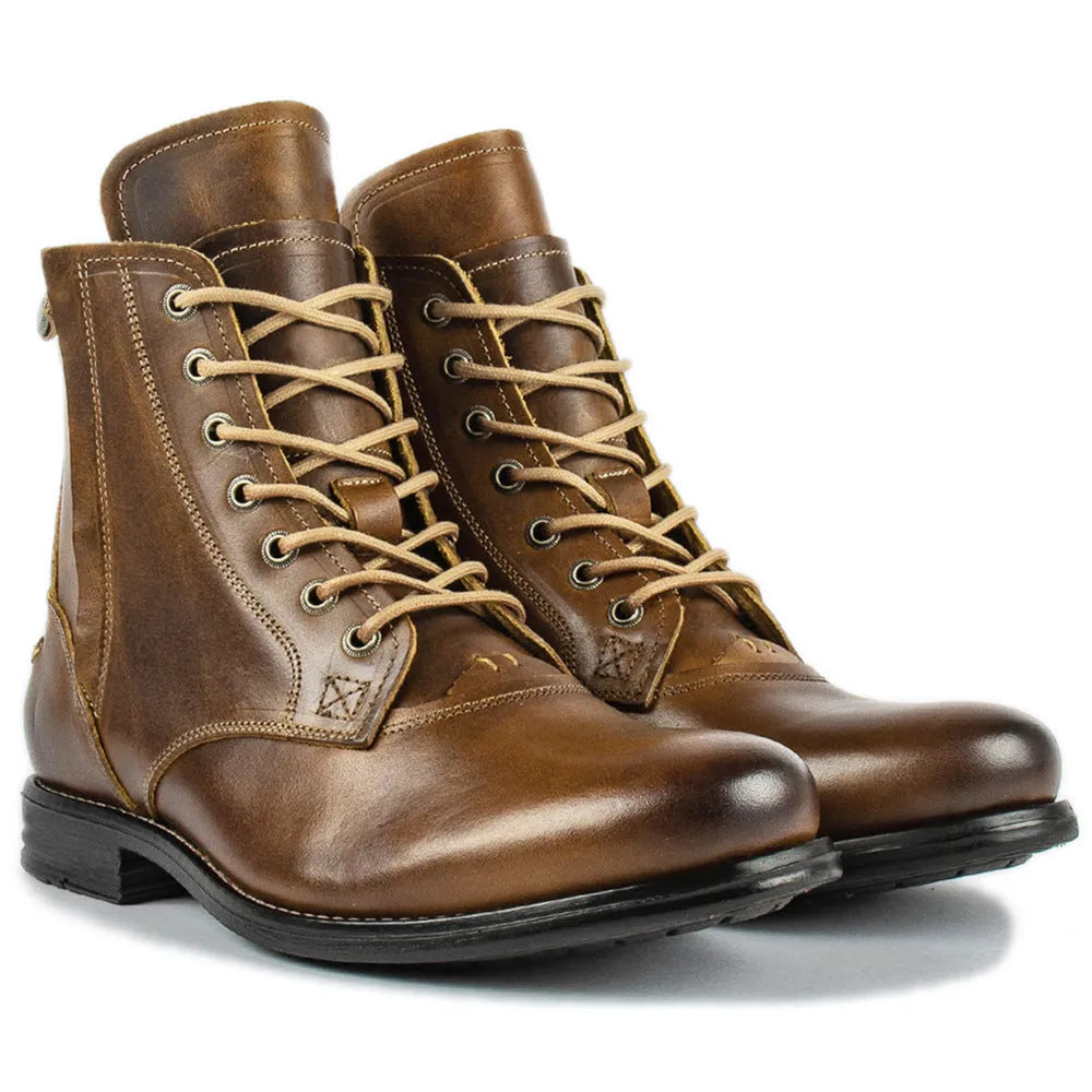 Men's two-tone leather boots with side zip closure and low 1-3cm heel