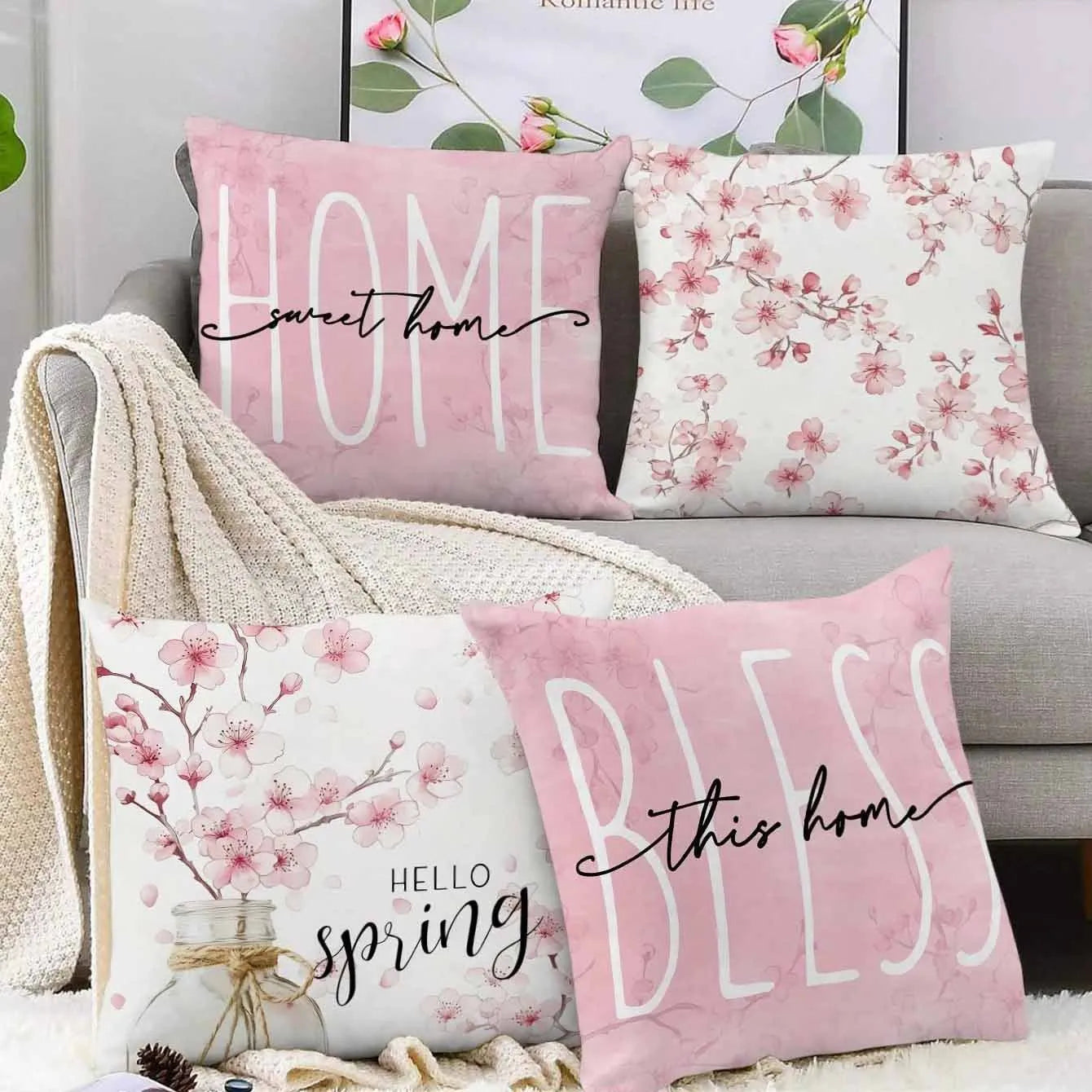 45cm square short velvet cushion cover with cherry blossom and letter design in four colour options