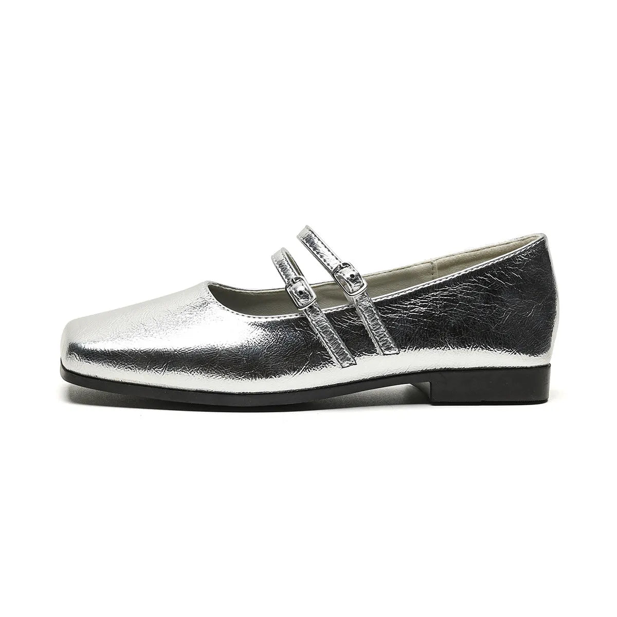 Women's silver leather Mary Jane shoes with cross buckle strap and flat heel
