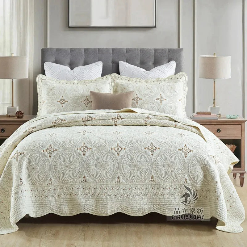 Pure cotton embroidered bedspread and two pillowcases set on a 1.8 metre bed.