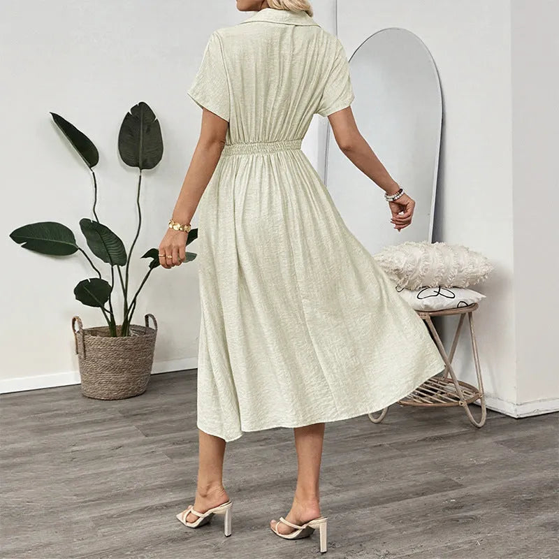 Light green women's lapel collar shirt dress with waist-tight skirt and pockets