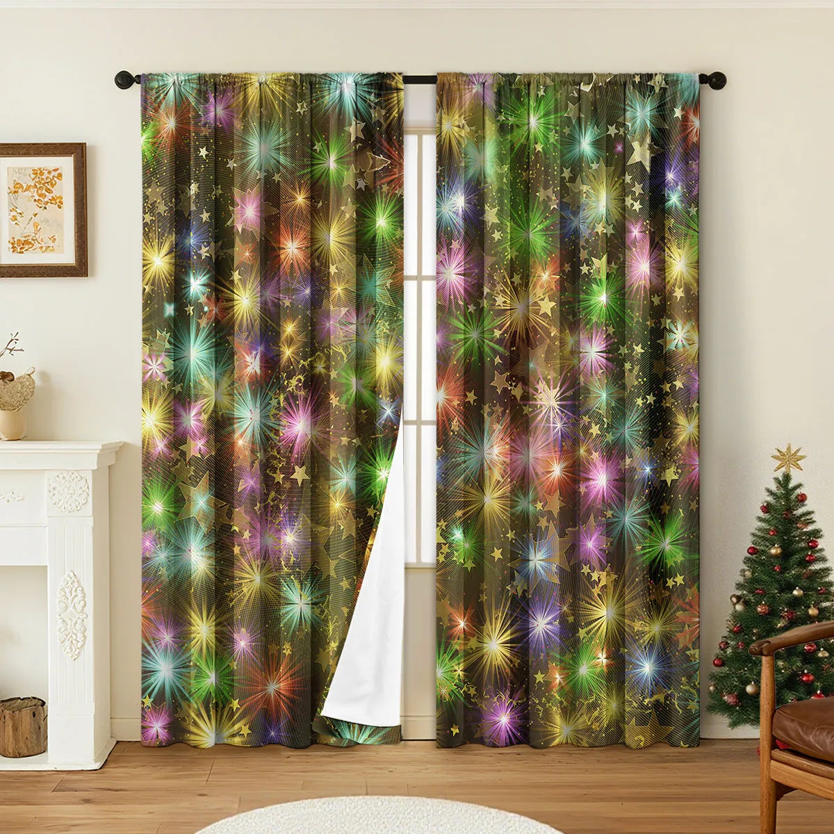 3D digitally printed Christmas curtains with European style patterns in polyester fabric