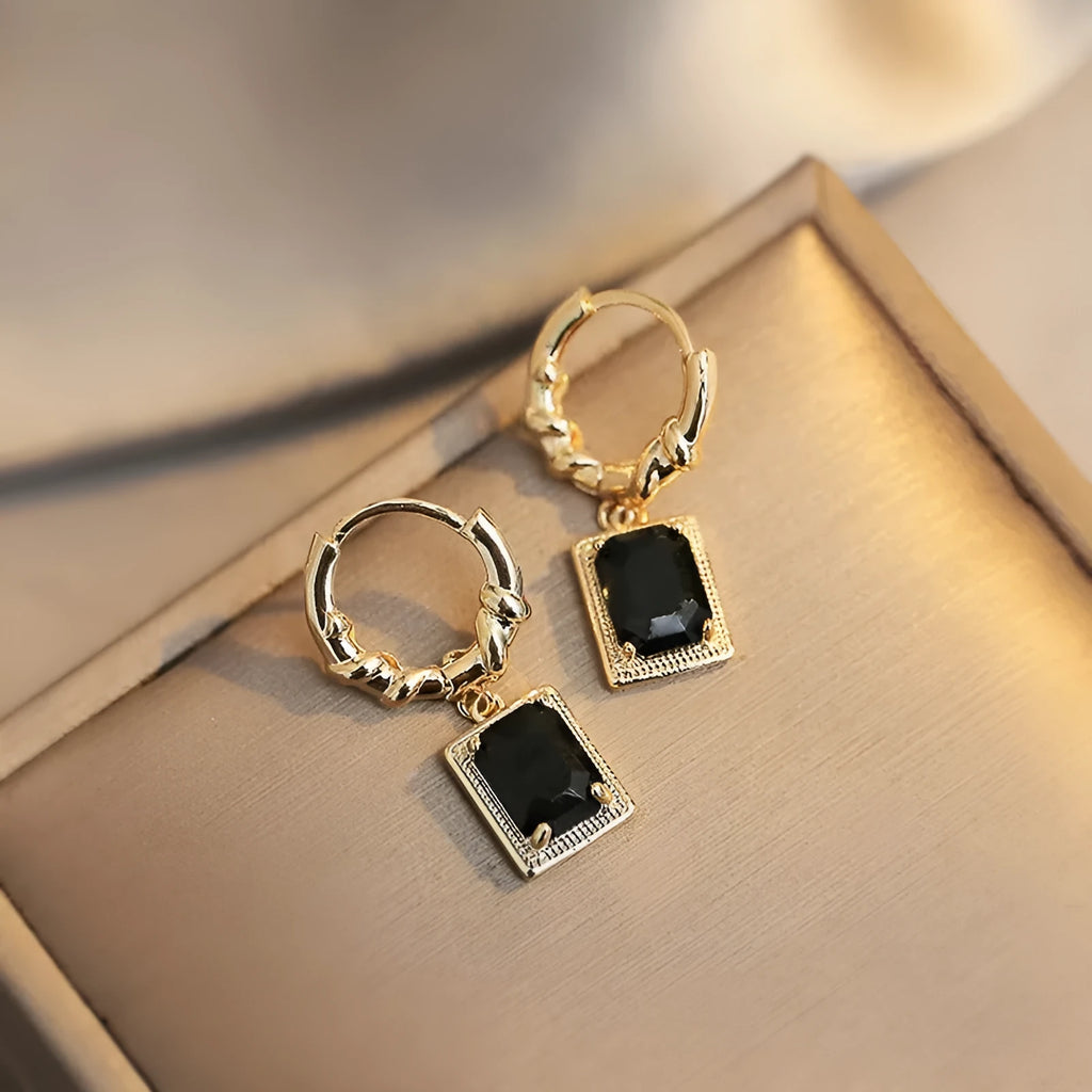 French court retro black zircon earrings with geometric quadrilateral shape on copper base