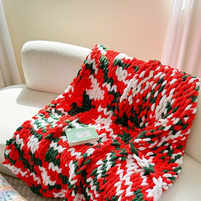 Handmade striped chenille cover blanket in choice of colours, shown laid flat displaying its 130x170cm size.