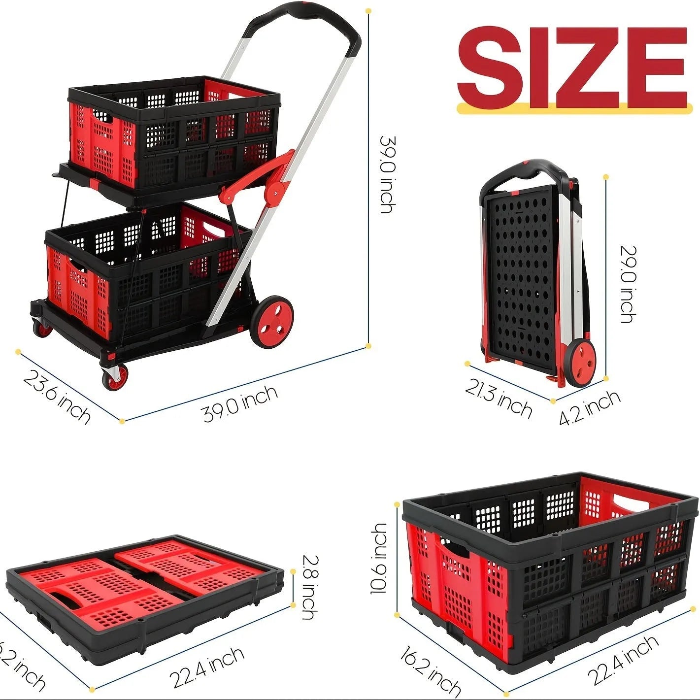 Foldable blue shopping trolley with two fabric basket compartments on a plastic frame.