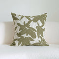 Green cotton and linen tassel hotel sample pillow with botanical pattern on brushed fabric pillowcase