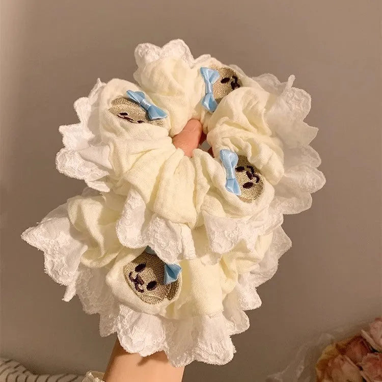 Bear blue bow lace large intestine style elastic hair ring with cloth material